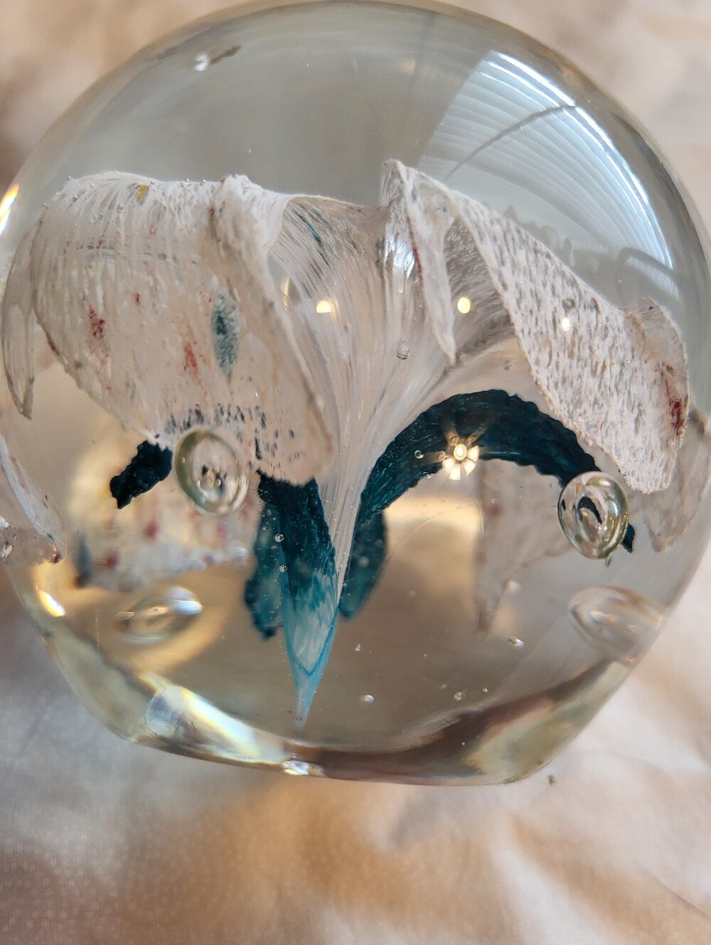 Handblown Glass Art 3 x 3 In. Sphere with White and Teal Floral Core Paperweight - Picture 10 of 10
